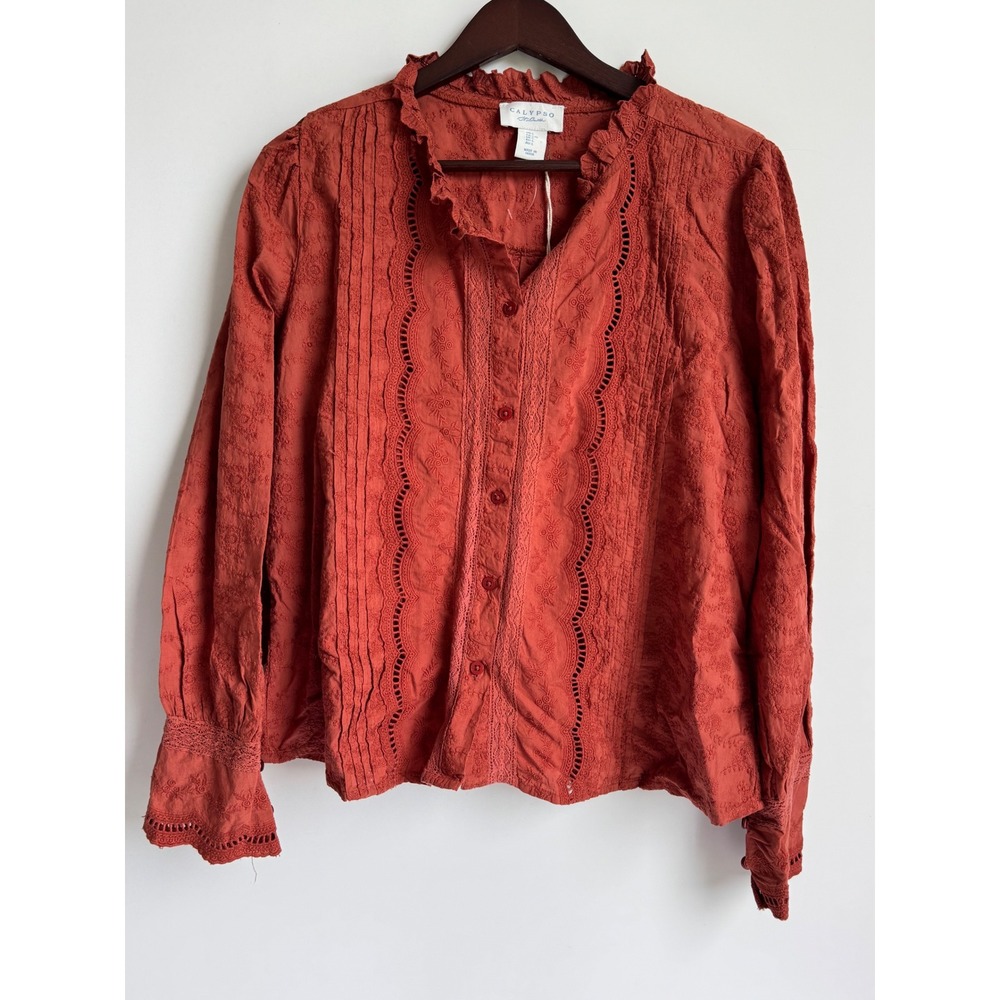 Calypso St Barth Terracotta Rust Eyelet Embroidered Boho Cotton Blouse Large